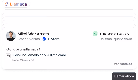 Card de acción recomendada en Neety: llamada sugerida a Mikel Sáez Arrieta con el contexto de por qué llamar